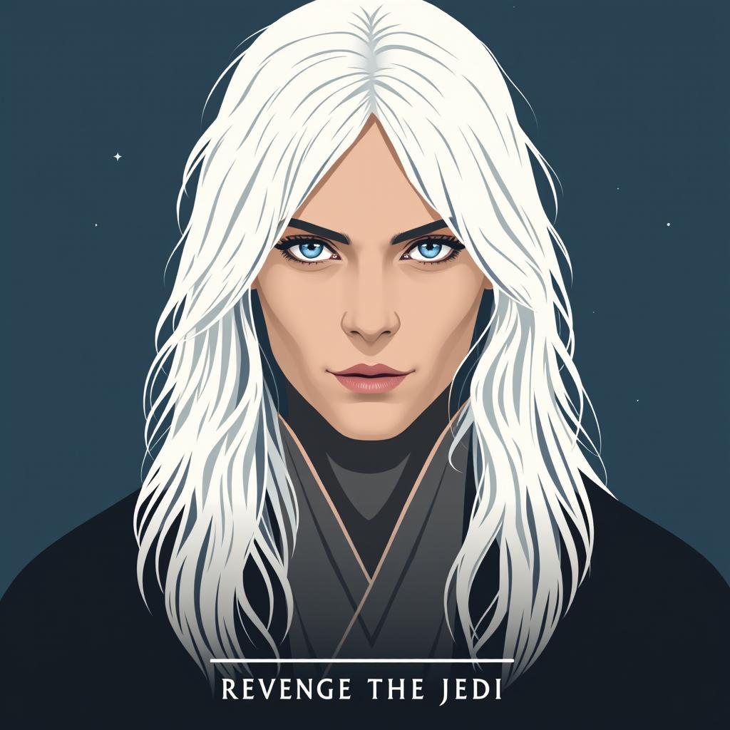 A minimalist movie poster titled 'Revenge of the Jedi', featuring a beautiful 40-year-old Jedi character