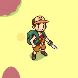 A 2D pixel art sprite for the main character in a top-down game, inspired by the main character design from Forager