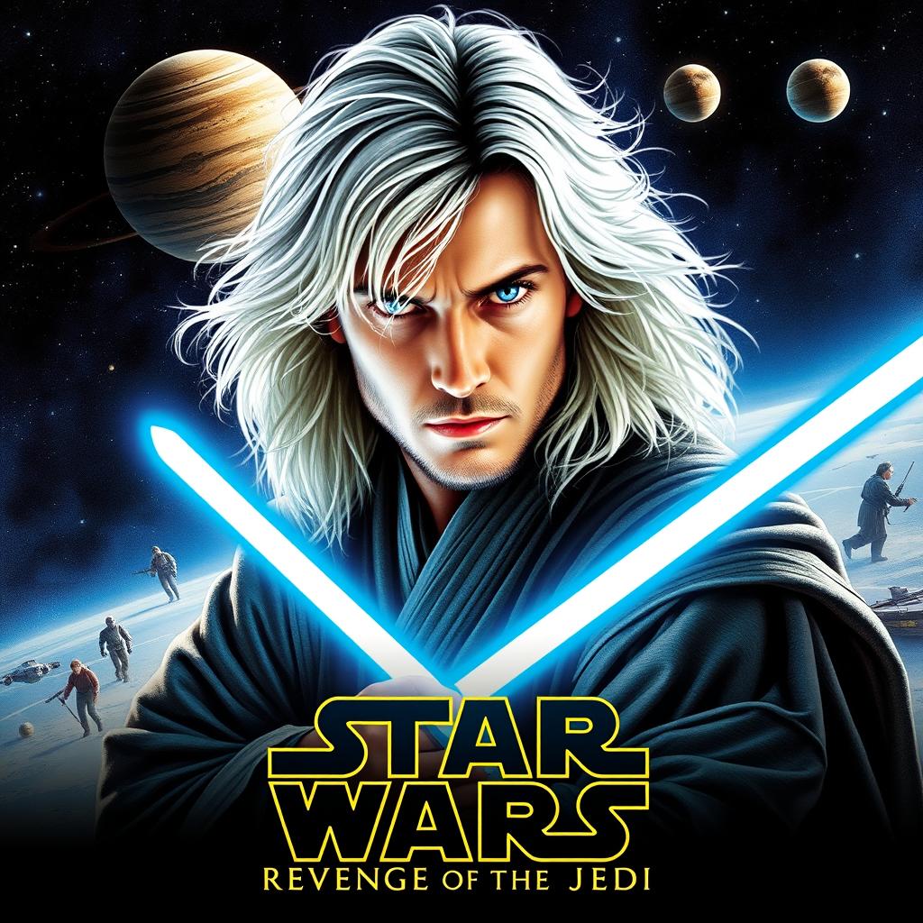 A captivating Star Wars poster titled 'Revenge of the Jedi', showcasing a beautiful 40-year-old Jedi with fluffy, shaggy long white hair and mesmerizing blue eyes