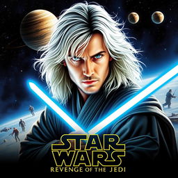 A captivating Star Wars poster titled 'Revenge of the Jedi', showcasing a beautiful 40-year-old Jedi with fluffy, shaggy long white hair and mesmerizing blue eyes