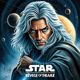 A captivating Star Wars poster titled 'Revenge of the Jedi', showcasing a beautiful 40-year-old Jedi with fluffy, shaggy long white hair and mesmerizing blue eyes