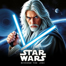 A captivating Star Wars poster titled 'Revenge of the Jedi', showcasing a beautiful 40-year-old Jedi with fluffy, shaggy long white hair and mesmerizing blue eyes