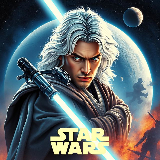 A captivating Star Wars poster titled 'Revenge of the Jedi', showcasing a beautiful 40-year-old Jedi with fluffy, shaggy long white hair and mesmerizing blue eyes