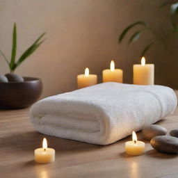 An ad for a massage service featuring a tranquil spa environment with soft lights, plush towels, aromatic candles, and soothing warm stones.