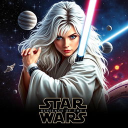 A stunning Star Wars poster titled 'Revenge of the Jedi', featuring a beautiful 40-year-old Jedi woman with fluffy, shaggy long white hair and captivating blue eyes