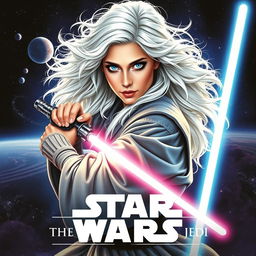 A stunning Star Wars poster titled 'Revenge of the Jedi', featuring a beautiful 40-year-old Jedi woman with fluffy, shaggy long white hair and captivating blue eyes