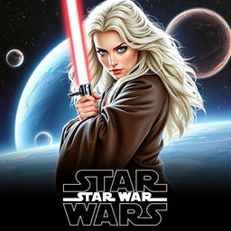 A stunning Star Wars poster titled 'Revenge of the Jedi', featuring a beautiful 40-year-old Jedi woman with fluffy, shaggy long white hair and captivating blue eyes