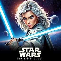 A stunning Star Wars poster titled 'Revenge of the Jedi', featuring a beautiful 40-year-old Jedi woman with fluffy, shaggy long white hair and captivating blue eyes