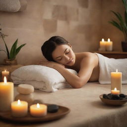 An ad for a massage service featuring a tranquil spa environment with soft lights, plush towels, aromatic candles, and soothing warm stones.