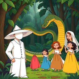 In a lush forest background, there is a giant snake slithering through the trees
