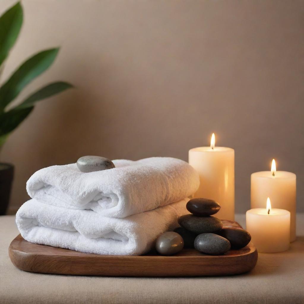 An ad for a massage service featuring a tranquil spa environment with soft lights, plush towels, aromatic candles, and soothing warm stones.