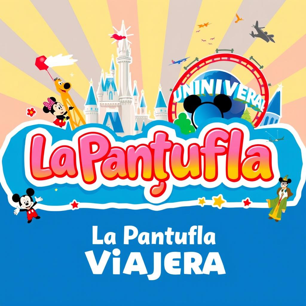 A colorful and vibrant banner for a travel agency named 'La Pantufla Viajera', which specializes in trips to Disney and Universal theme parks