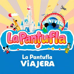 A colorful and vibrant banner for a travel agency named 'La Pantufla Viajera', which specializes in trips to Disney and Universal theme parks