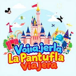 A colorful and vibrant banner for a travel agency named 'La Pantufla Viajera', which specializes in trips to Disney and Universal theme parks