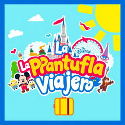 A colorful and vibrant banner for a travel agency named 'La Pantufla Viajera', which specializes in trips to Disney and Universal theme parks