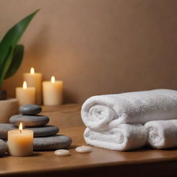 An ad for a massage service featuring a tranquil spa environment with soft lights, plush towels, aromatic candles, and soothing warm stones.