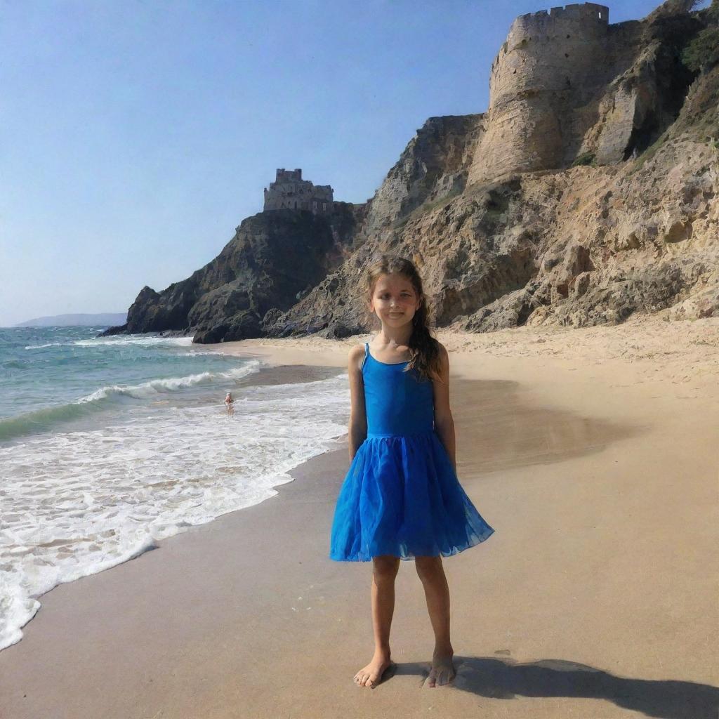 Una niña de 10 años divirtiéndose en una playa soleada, está construyendo un castillo de arena cerca de las suaves olas del mar, con un cielo azul vívido por encima.