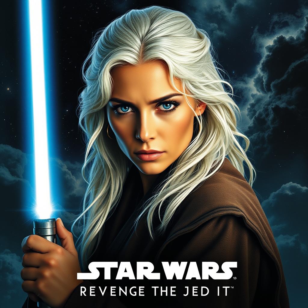 A dramatic Star Wars movie poster titled 'Revenge of the Jedi', featuring a beautiful 40-year-old Jedi woman with fluffy, shaggy long white hair and piercing blue eyes