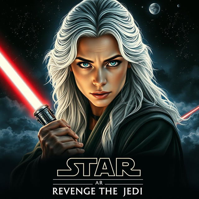 A dramatic Star Wars movie poster titled 'Revenge of the Jedi', featuring a beautiful 40-year-old Jedi woman with fluffy, shaggy long white hair and piercing blue eyes