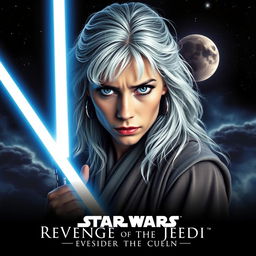 A dramatic Star Wars movie poster titled 'Revenge of the Jedi', featuring a beautiful 40-year-old Jedi woman with fluffy, shaggy long white hair and piercing blue eyes