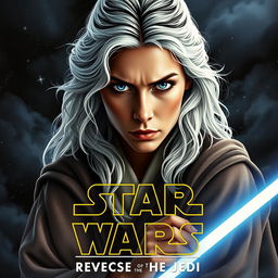 A dramatic Star Wars movie poster titled 'Revenge of the Jedi', featuring a beautiful 40-year-old Jedi woman with fluffy, shaggy long white hair and piercing blue eyes