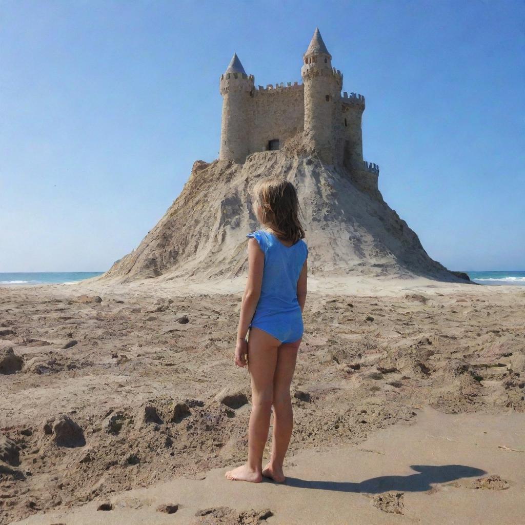 Una niña de 10 años divirtiéndose en una playa soleada, está construyendo un castillo de arena cerca de las suaves olas del mar, con un cielo azul vívido por encima.