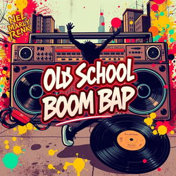 An eye-catching YouTube thumbnail for a hip-hop Old School boom bap video, featuring vibrant graffiti-style artwork, classic boombox, vinyl records, and a breakdancer in dynamic motion