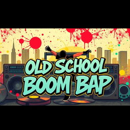 An eye-catching YouTube thumbnail for a hip-hop Old School boom bap video, featuring vibrant graffiti-style artwork, classic boombox, vinyl records, and a breakdancer in dynamic motion