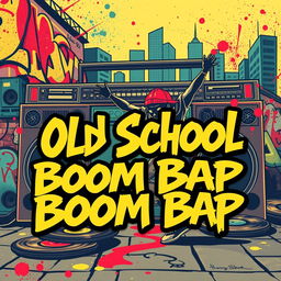 An eye-catching YouTube thumbnail for a hip-hop Old School boom bap video, featuring vibrant graffiti-style artwork, classic boombox, vinyl records, and a breakdancer in dynamic motion