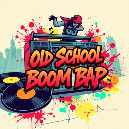 An eye-catching YouTube thumbnail for a hip-hop Old School boom bap video, featuring vibrant graffiti-style artwork, classic boombox, vinyl records, and a breakdancer in dynamic motion