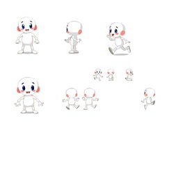 A game sprite sheet featuring a small white humanoid character