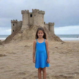 Una niña de 10 años divirtiéndose en una playa soleada, está construyendo un castillo de arena cerca de las suaves olas del mar, con un cielo azul vívido por encima.