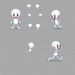 A game sprite sheet featuring a small white humanoid character