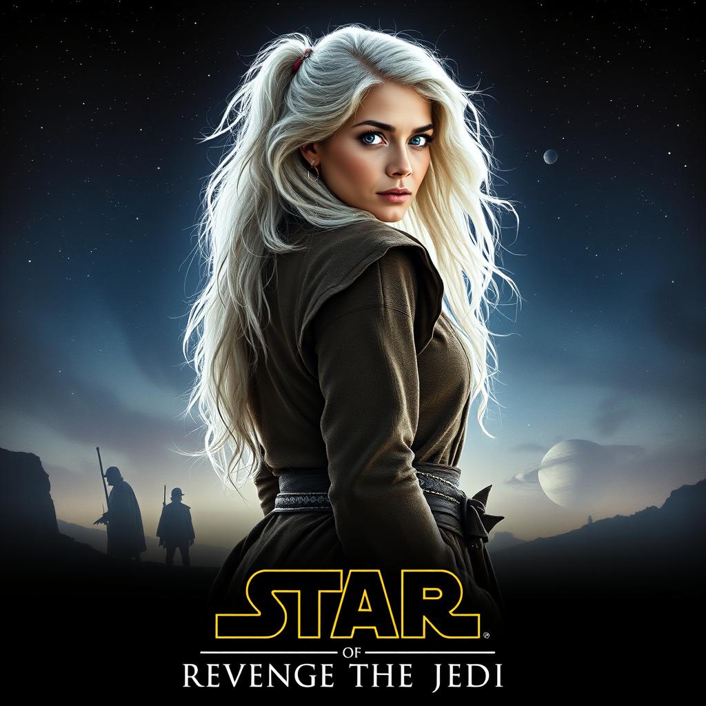 An engaging Star Wars movie poster titled 'Revenge of the Jedi', featuring a very beautiful 40-year-old Jedi woman with fluffy, shaggy long white hair and striking blue eyes