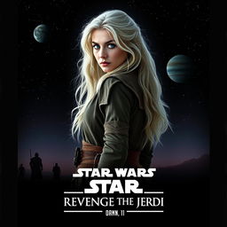 An engaging Star Wars movie poster titled 'Revenge of the Jedi', featuring a very beautiful 40-year-old Jedi woman with fluffy, shaggy long white hair and striking blue eyes