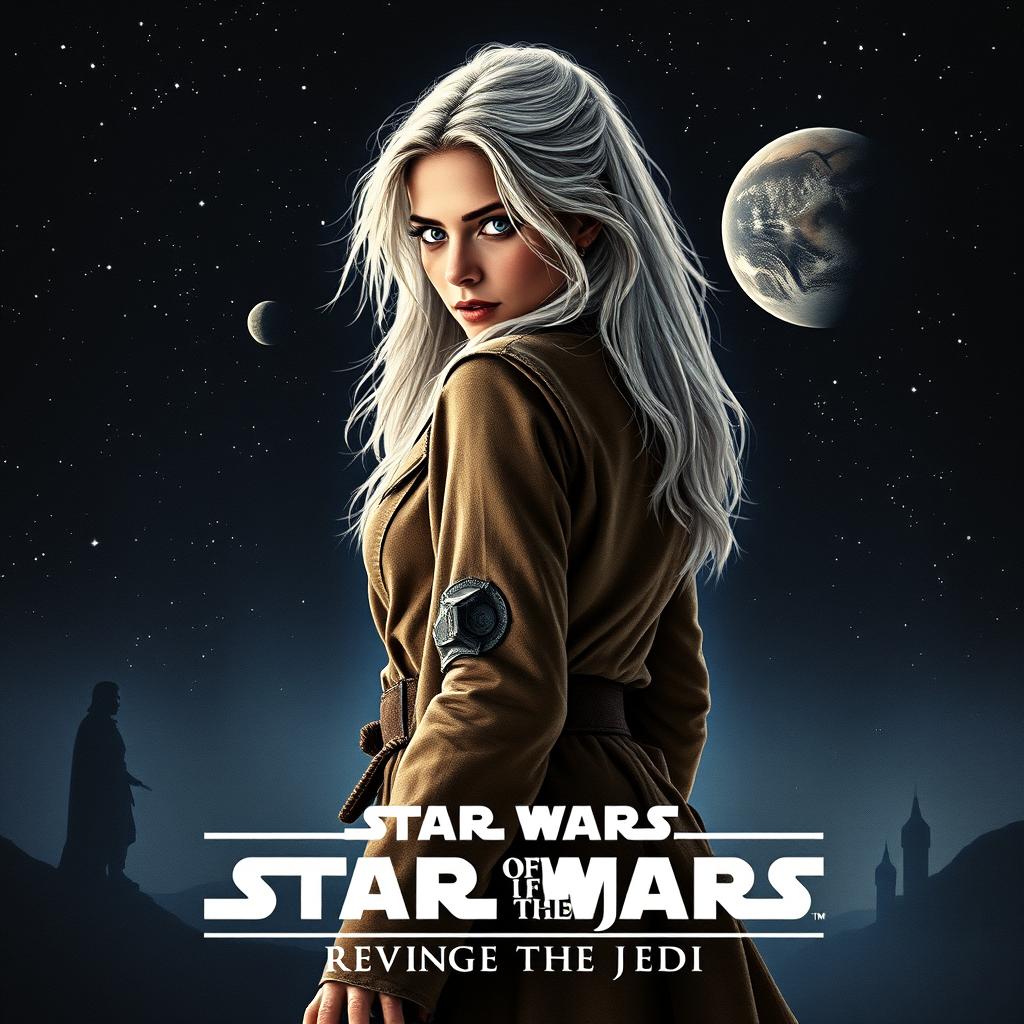 An engaging Star Wars movie poster titled 'Revenge of the Jedi', featuring a very beautiful 40-year-old Jedi woman with fluffy, shaggy long white hair and striking blue eyes