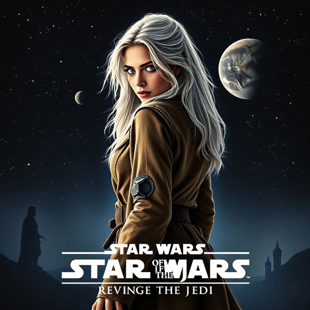 An engaging Star Wars movie poster titled 'Revenge of the Jedi', featuring a very beautiful 40-year-old Jedi woman with fluffy, shaggy long white hair and striking blue eyes