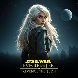 An engaging Star Wars movie poster titled 'Revenge of the Jedi', featuring a very beautiful 40-year-old Jedi woman with fluffy, shaggy long white hair and striking blue eyes