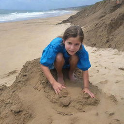 Una niña de 10 años divirtiéndose en una playa soleada, está construyendo un castillo de arena cerca de las suaves olas del mar, con un cielo azul vívido por encima.