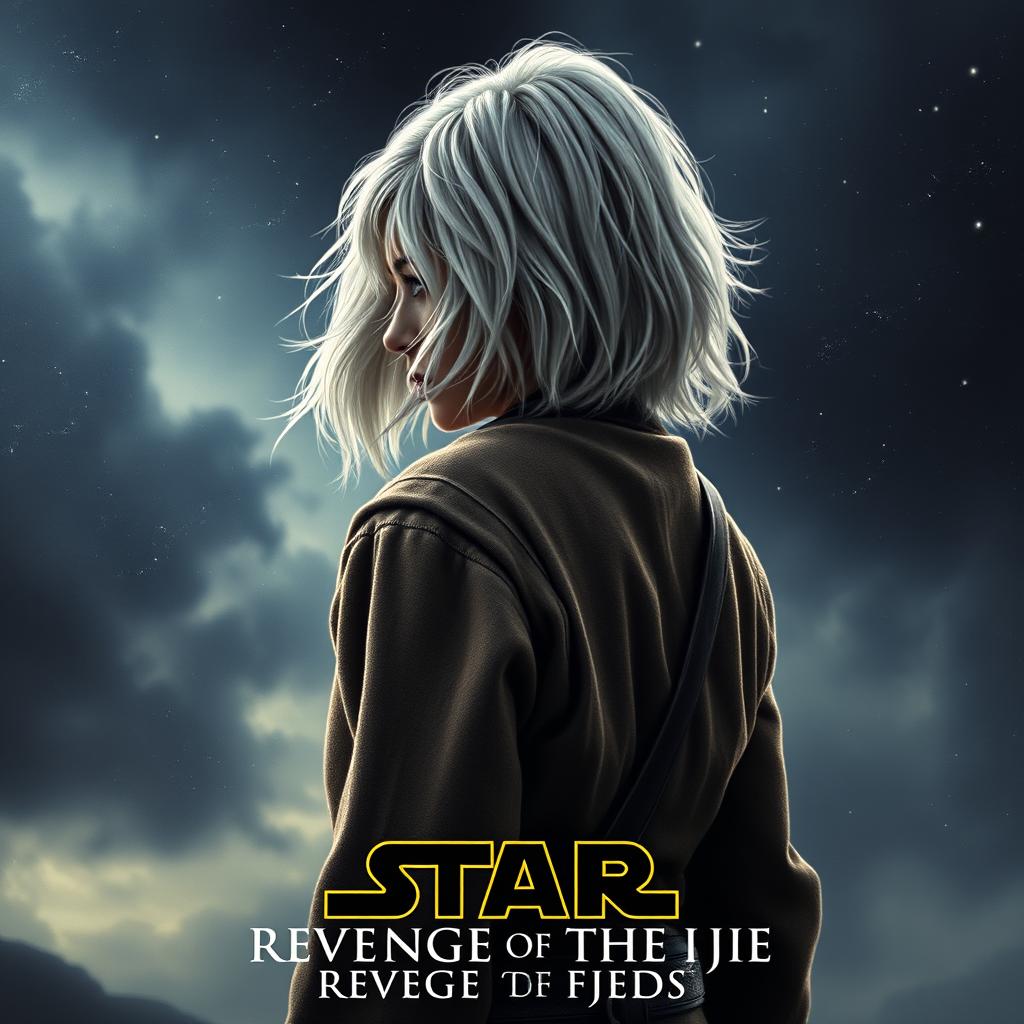 An evocative Star Wars movie poster titled 'Revenge of the Jedi', featuring a very beautiful 40-year-old Jedi woman with fluffy, shaggy shoulder-length white hair and striking blue eyes