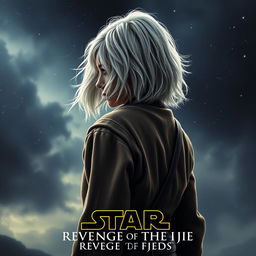 An evocative Star Wars movie poster titled 'Revenge of the Jedi', featuring a very beautiful 40-year-old Jedi woman with fluffy, shaggy shoulder-length white hair and striking blue eyes