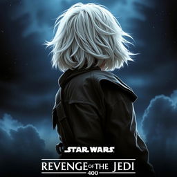 An evocative Star Wars movie poster titled 'Revenge of the Jedi', featuring a very beautiful 40-year-old Jedi woman with fluffy, shaggy shoulder-length white hair and striking blue eyes