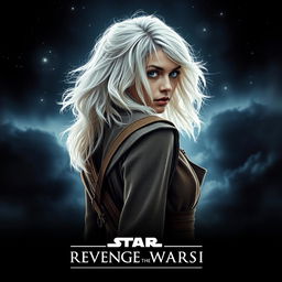 An evocative Star Wars movie poster titled 'Revenge of the Jedi', featuring a very beautiful 40-year-old Jedi woman with fluffy, shaggy shoulder-length white hair and striking blue eyes