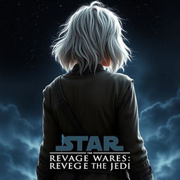 An evocative Star Wars movie poster titled 'Revenge of the Jedi', featuring a very beautiful 40-year-old Jedi woman with fluffy, shaggy shoulder-length white hair and striking blue eyes