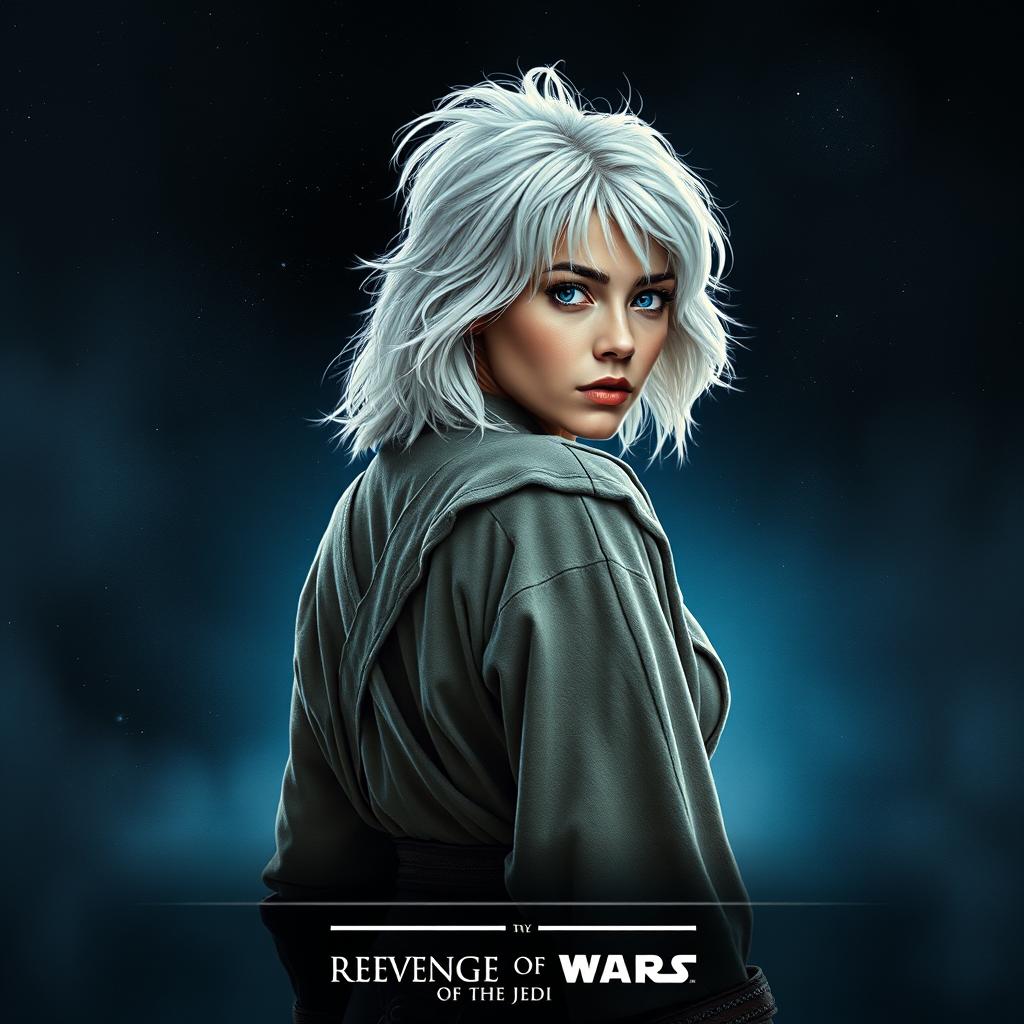 A striking Star Wars movie poster titled 'Revenge of the Jedi', featuring a very beautiful 40-year-old Jedi woman with fluffy, shaggy medium shoulder-length white hair and captivating blue eyes
