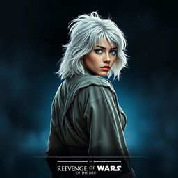 A striking Star Wars movie poster titled 'Revenge of the Jedi', featuring a very beautiful 40-year-old Jedi woman with fluffy, shaggy medium shoulder-length white hair and captivating blue eyes