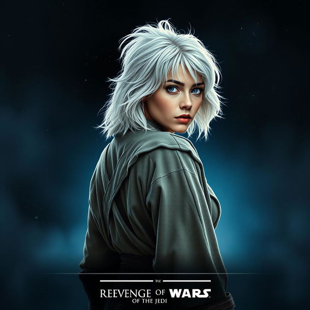 A striking Star Wars movie poster titled 'Revenge of the Jedi', featuring a very beautiful 40-year-old Jedi woman with fluffy, shaggy medium shoulder-length white hair and captivating blue eyes