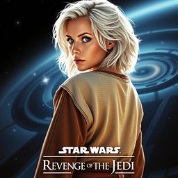 A striking Star Wars movie poster titled 'Revenge of the Jedi', featuring a very beautiful 40-year-old Jedi woman with fluffy, shaggy medium shoulder-length white hair and captivating blue eyes