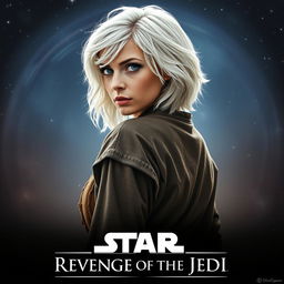 A striking Star Wars movie poster titled 'Revenge of the Jedi', featuring a very beautiful 40-year-old Jedi woman with fluffy, shaggy medium shoulder-length white hair and captivating blue eyes