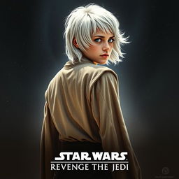 A striking Star Wars movie poster titled 'Revenge of the Jedi', featuring a very beautiful 40-year-old Jedi woman with fluffy, shaggy medium shoulder-length white hair and captivating blue eyes